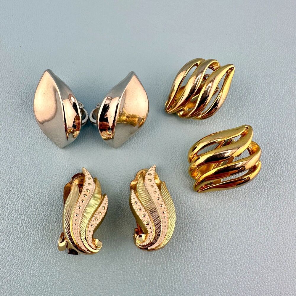 Vintage Clip On Earrings Lot Gold Silver Tone Trifari Germany Flame Feather Leaf